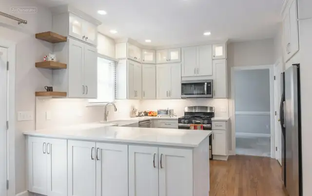 White kitchen with glass-front upper cabinets, floating wood shelves, under-cabinet lighting and white counters